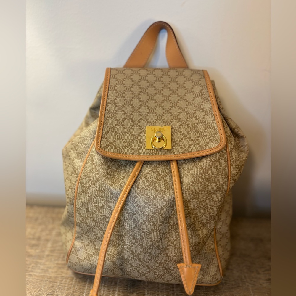 Celine Beige Monogram Canvas Drawstring Backpack with Tan Leather Trim - Picture 2 of 8